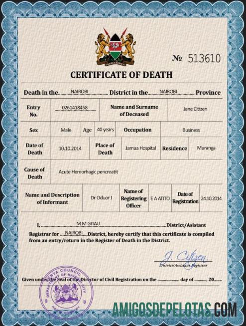 Em branco modelo PSD de certidão de óbito de registro vital do Quênia